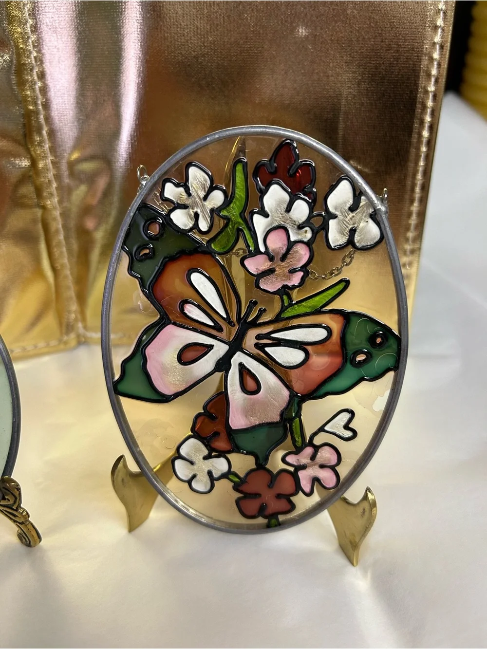 Hand-Painted Stained Glass Style Decorative Plaques - Cat & Butterfly - Picture 3 of 8